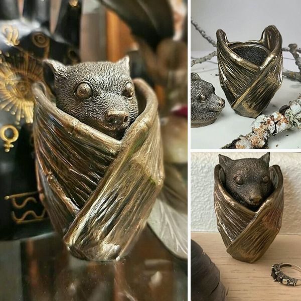 Bronze bat trinket cup, Gothic home decor, bat jewelry box