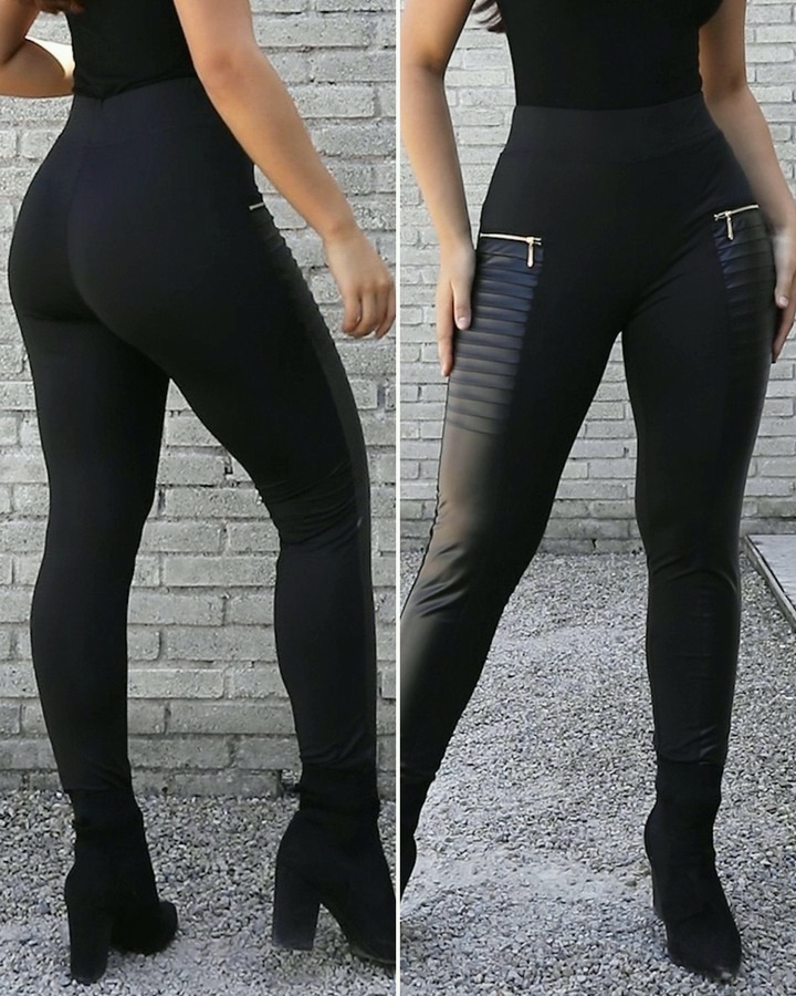 Faux Leather Pants With Contrasting Trim And Zipper